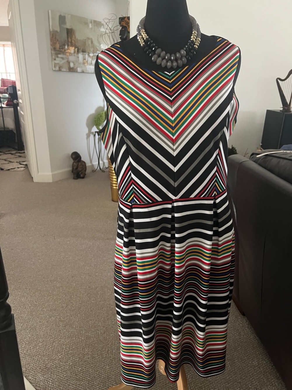 Sleeveless Chevron & Stripe Multicolor Dress, by ILE New York. Black/Multicolor